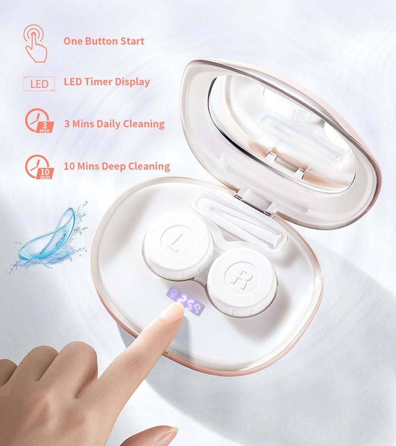 ofone Contact Lens Cleaner, Ultrasonic Contact Lens Cleaning Machine with USB Charger, Timer Display and 5 Contact Solution Cases Kit Replacement for Soft Hard Colored RGP Lenses (Pink) - Image 5